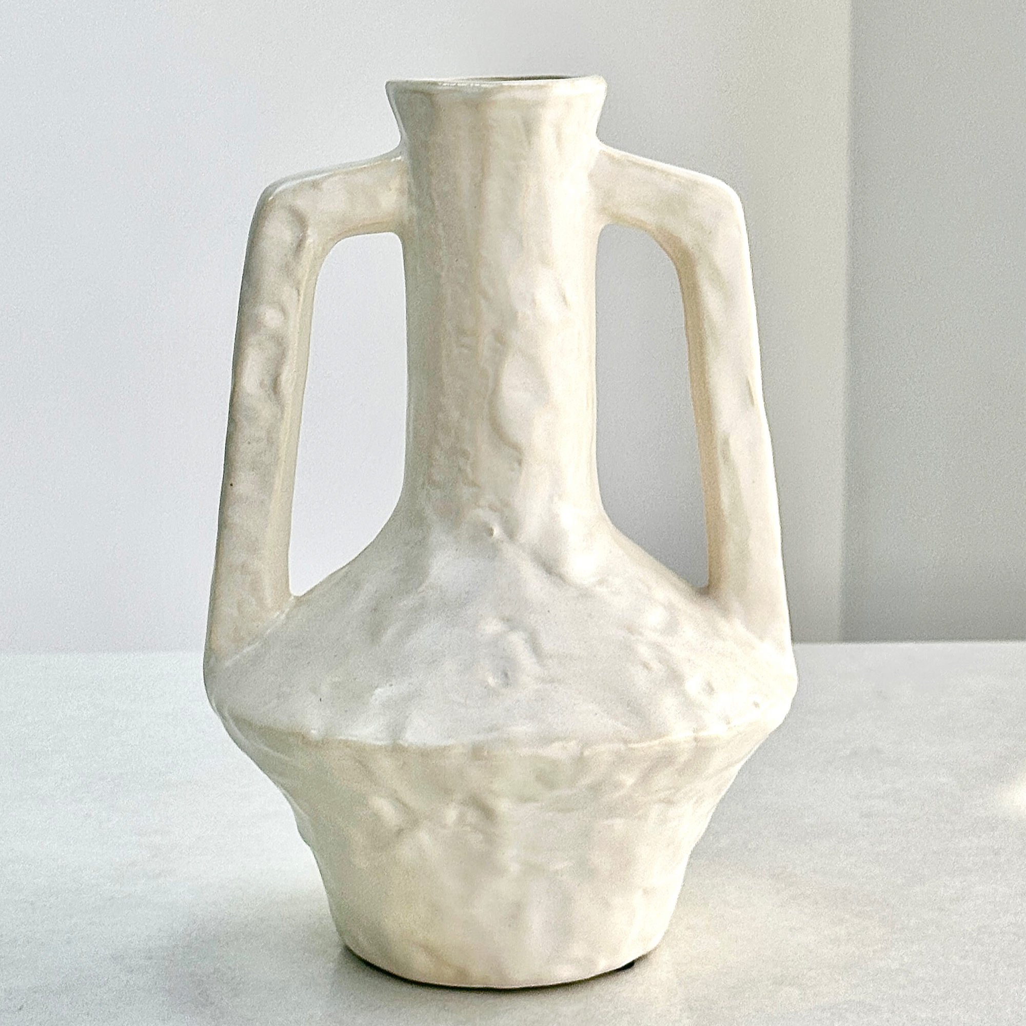 Ceramic Hammered White Bottle Vase with Side Handles