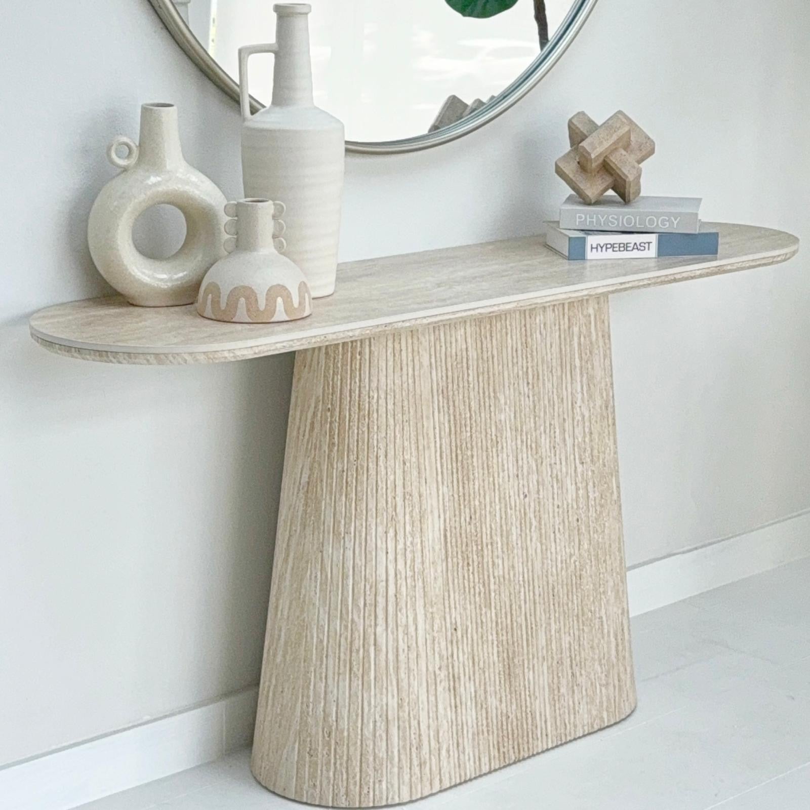 Faux Travertine Pedestal Console Table