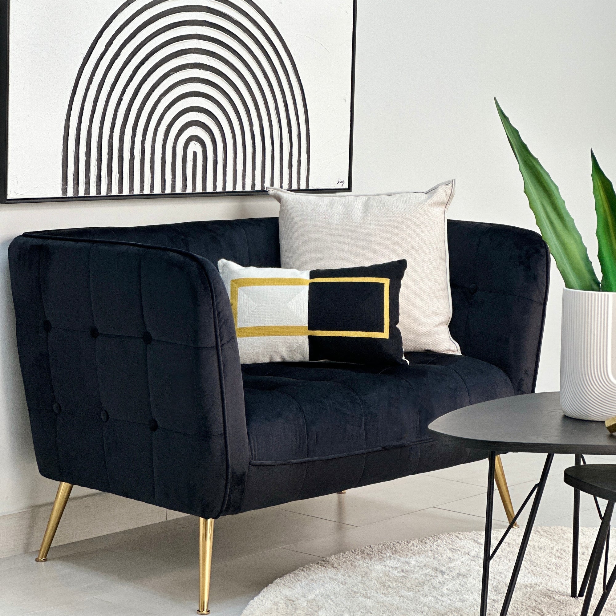 Quilted Cube Black Love Seat Golden Legs