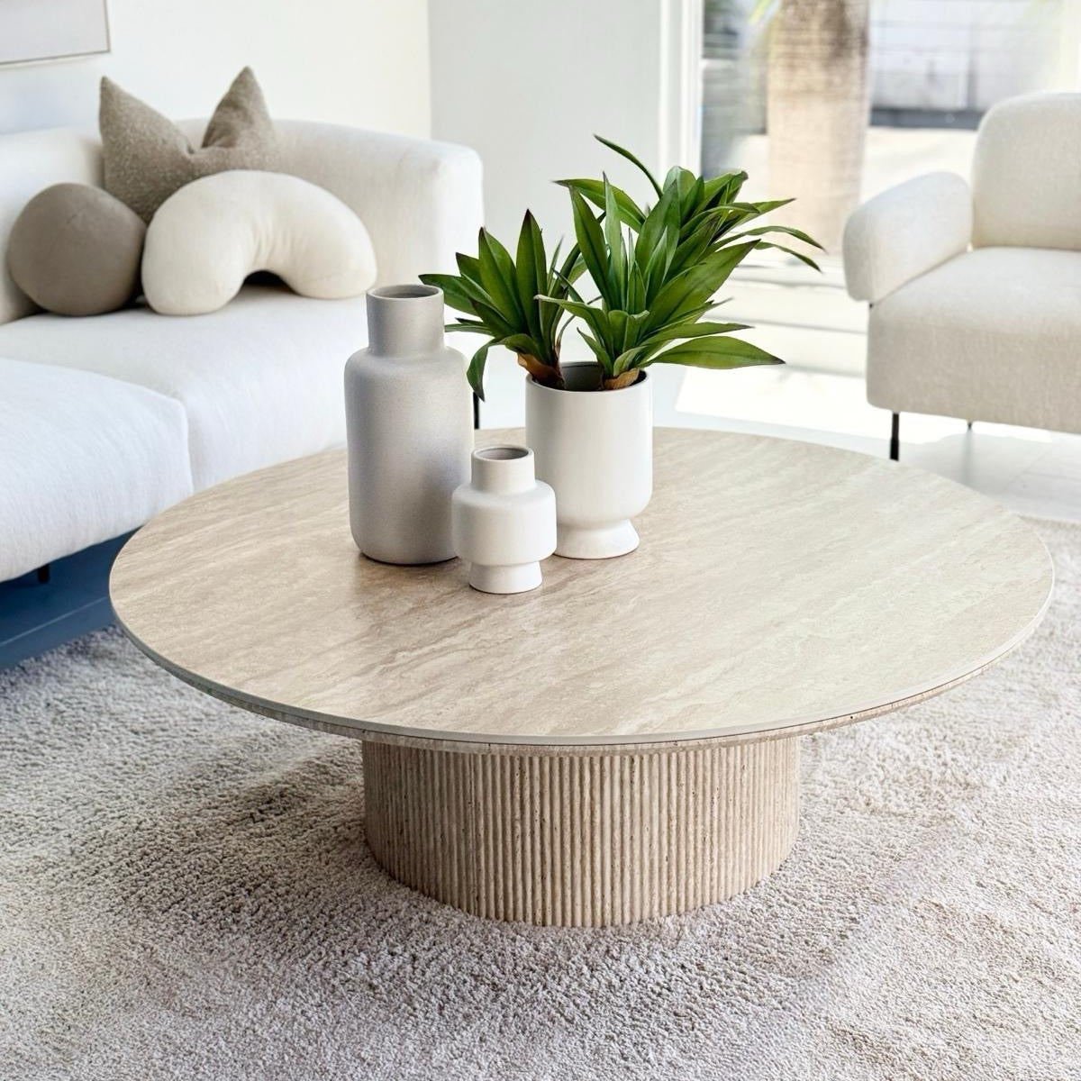 Faux Travertine Pillar Coffee Table Ceramic Top