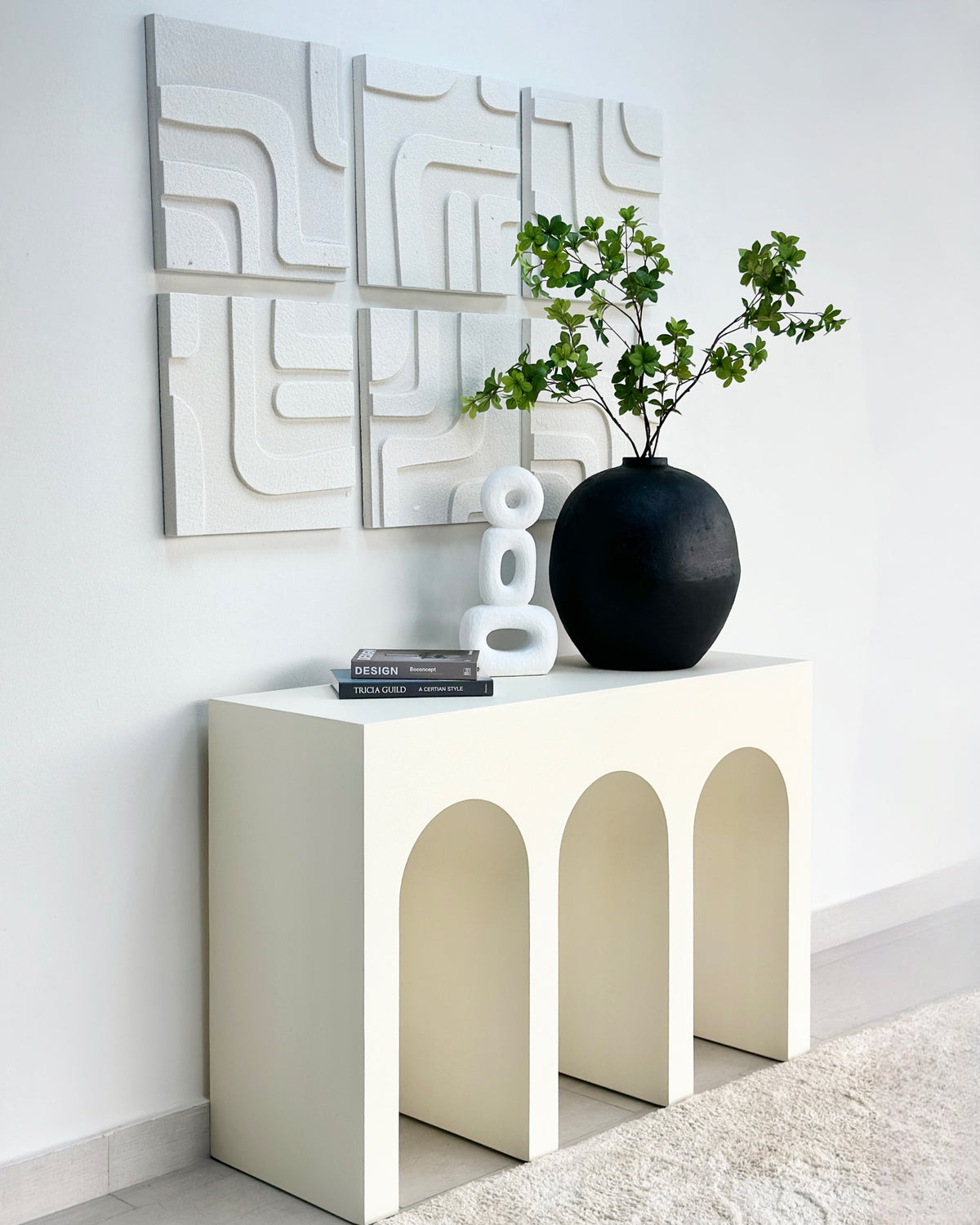 Triple Arch Console Table White Stone Finish