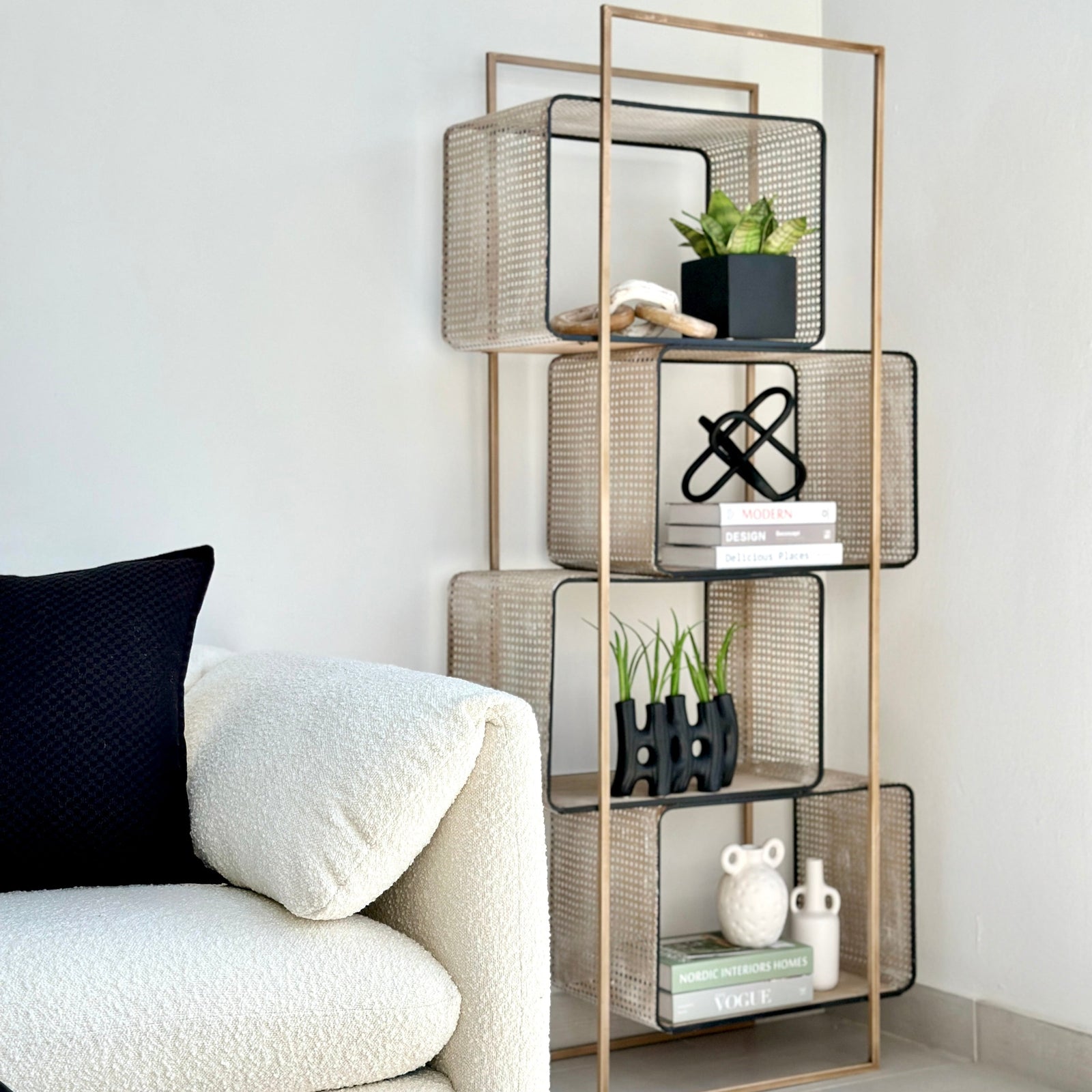 Wood and Metal Rattan Look Bookshelf