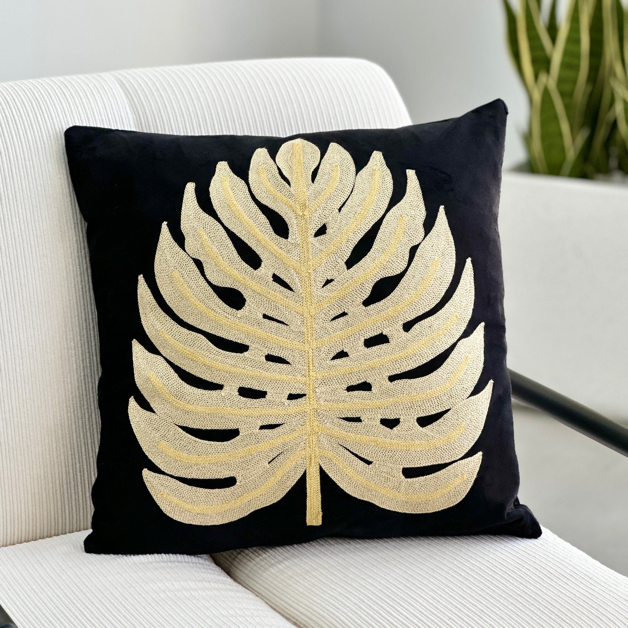 Embroidered Golden Leaf Black Pillow