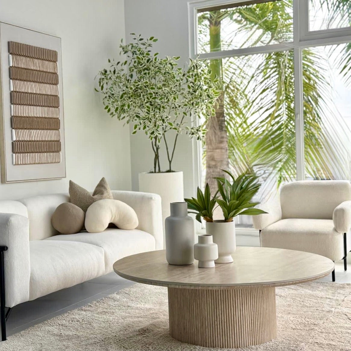 Faux Travertine Pillar Coffee Table Ceramic Top