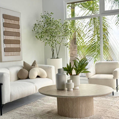 Faux Travertine Pillar Coffee Table Ceramic Top