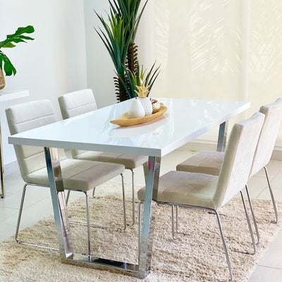 Clara Dining Table Lacquer White Top Stainless Steel Legs Set