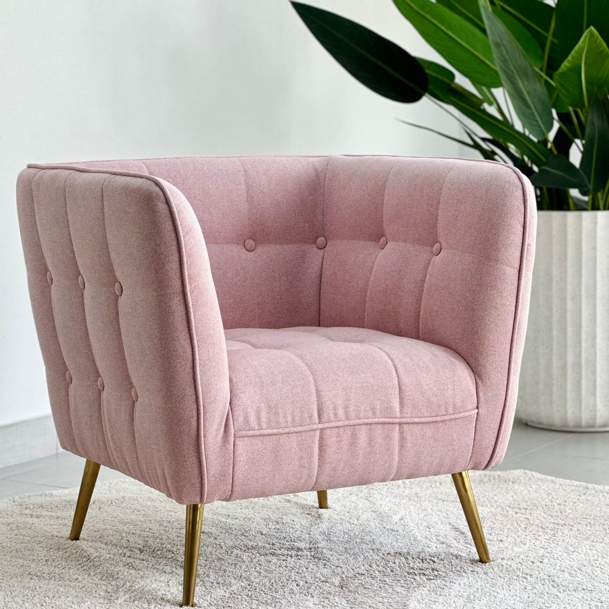 Quilted Pink Cube Accent Chair Golden Legs