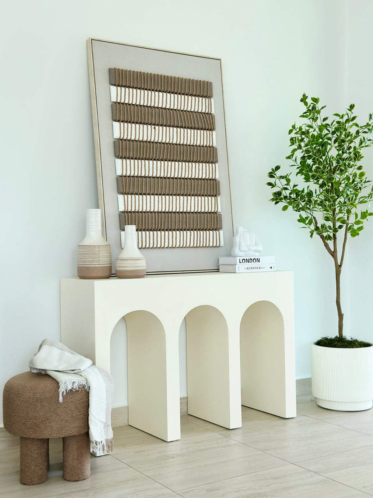 Triple Arch Console Table White Stone Finish