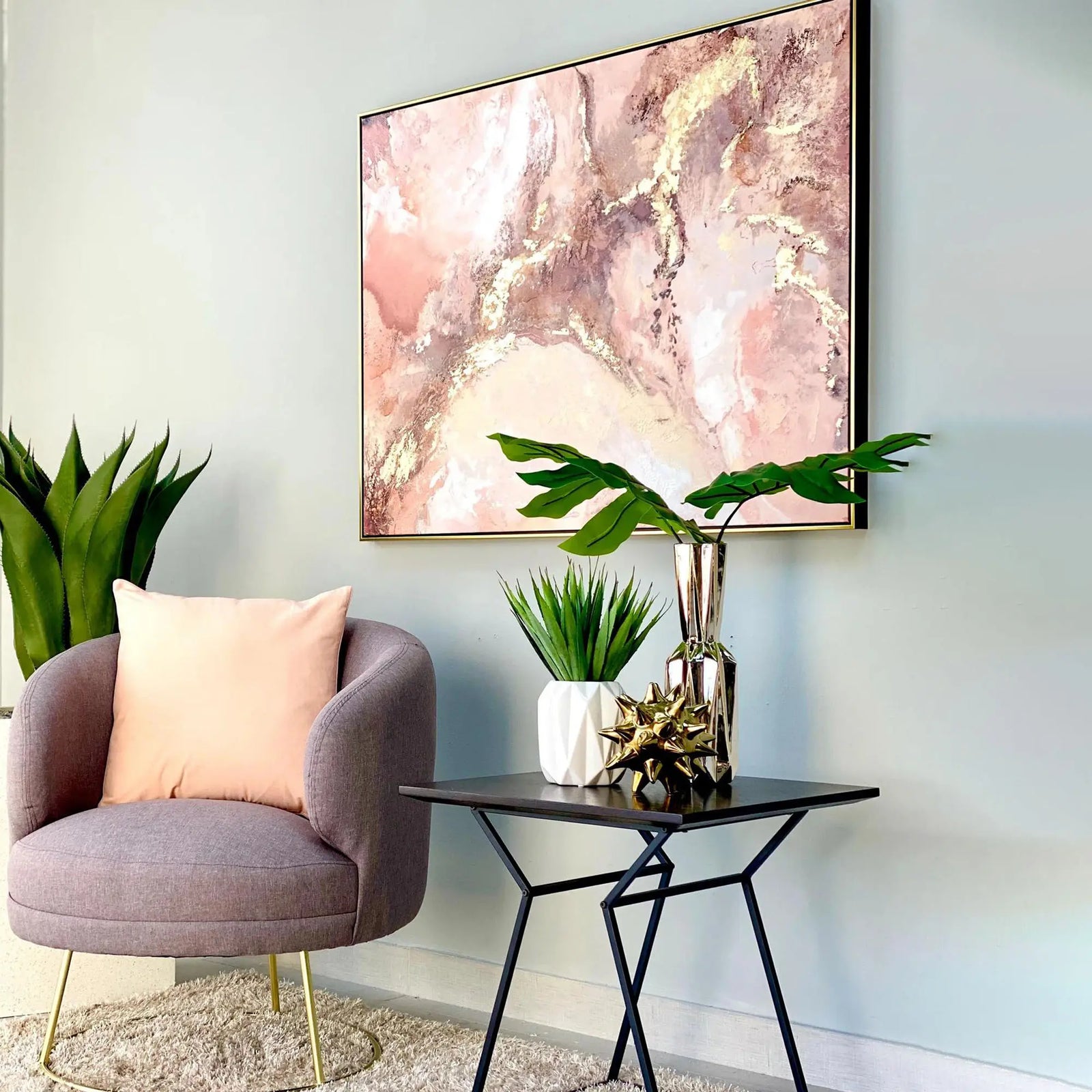 Abstract Blush Gold Framed Hand-Painted Wall Art