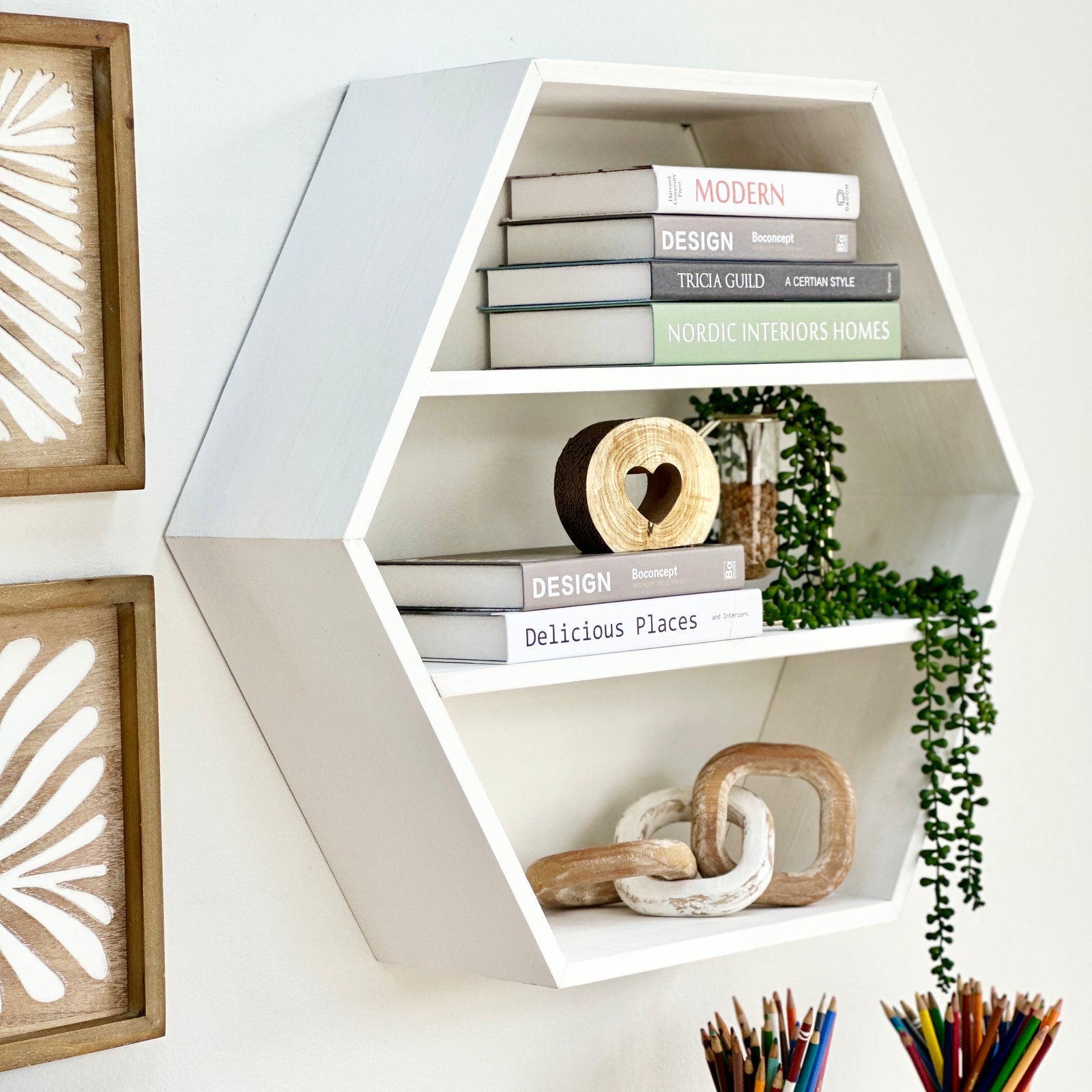 Hexagon White Wash Wooden Shelf
