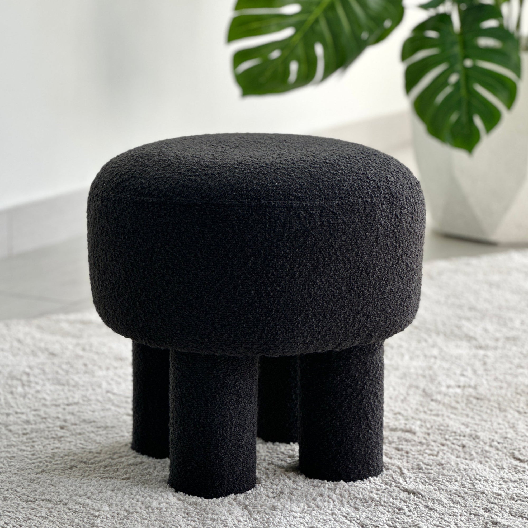 Tripod Ottoman Black Boucle Fabric