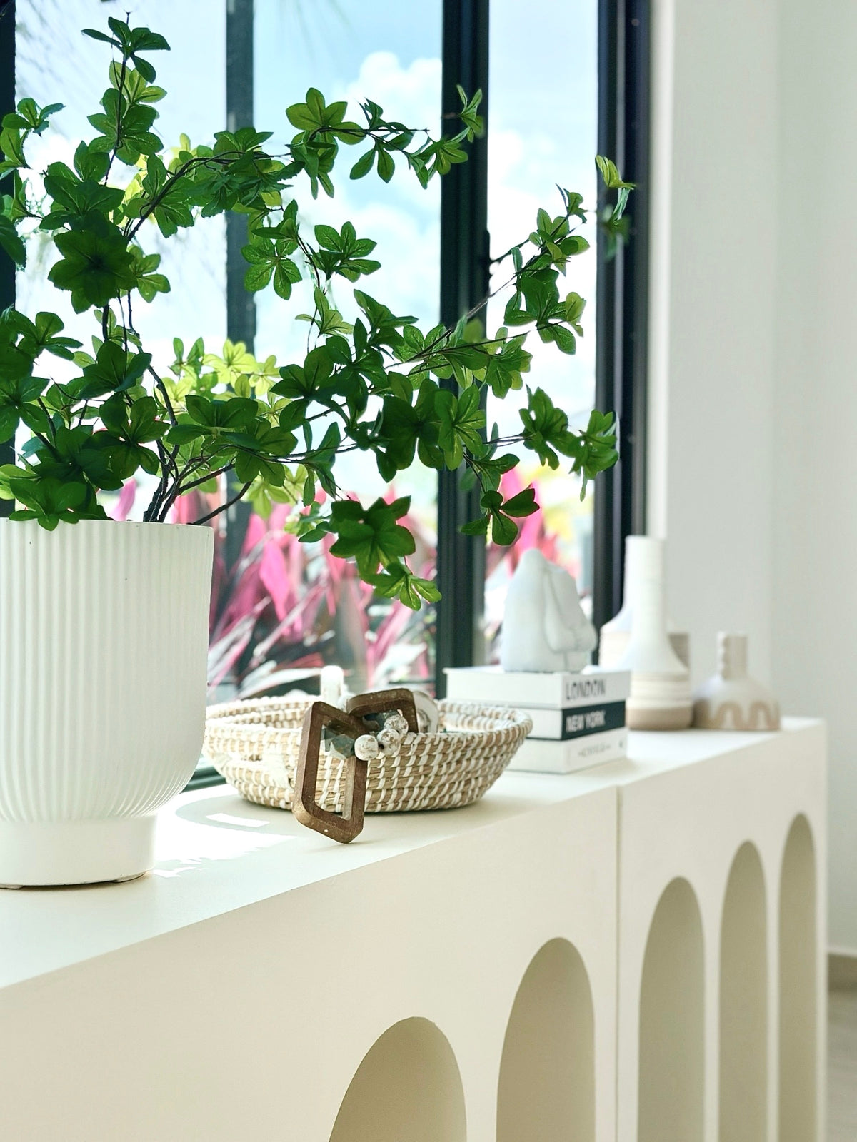 Triple Arch Console Table White Stone Finish