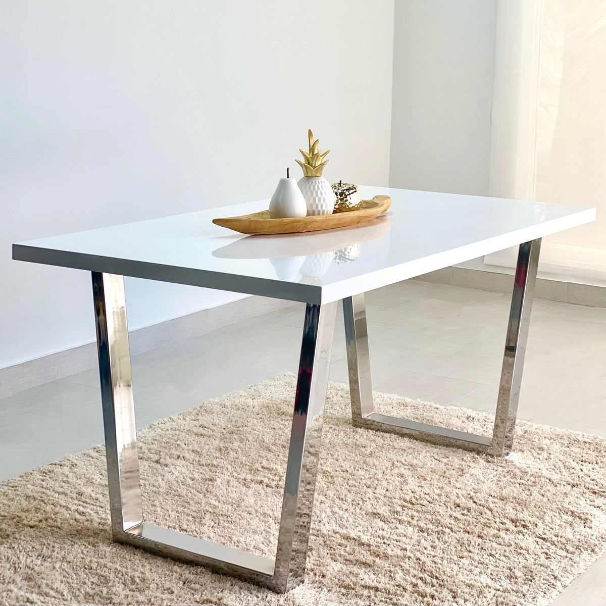 Clara Dining Table Lacquer White Top Stainless Steel Legs Set
