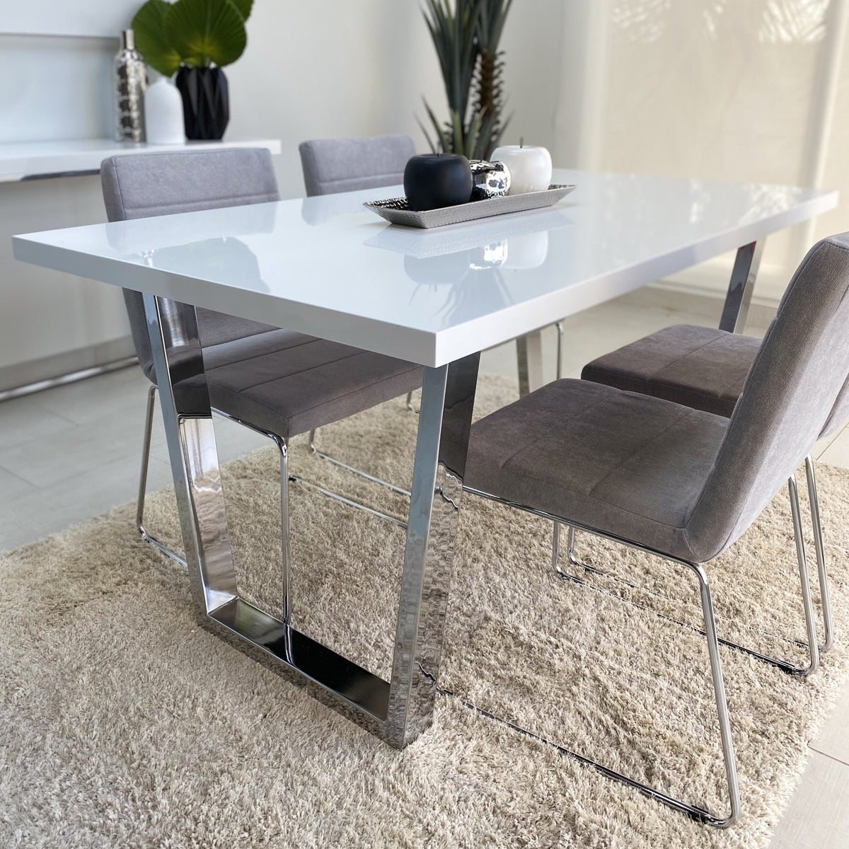 Clara Dining Table Lacquer White Top Stainless Steel Legs Set
