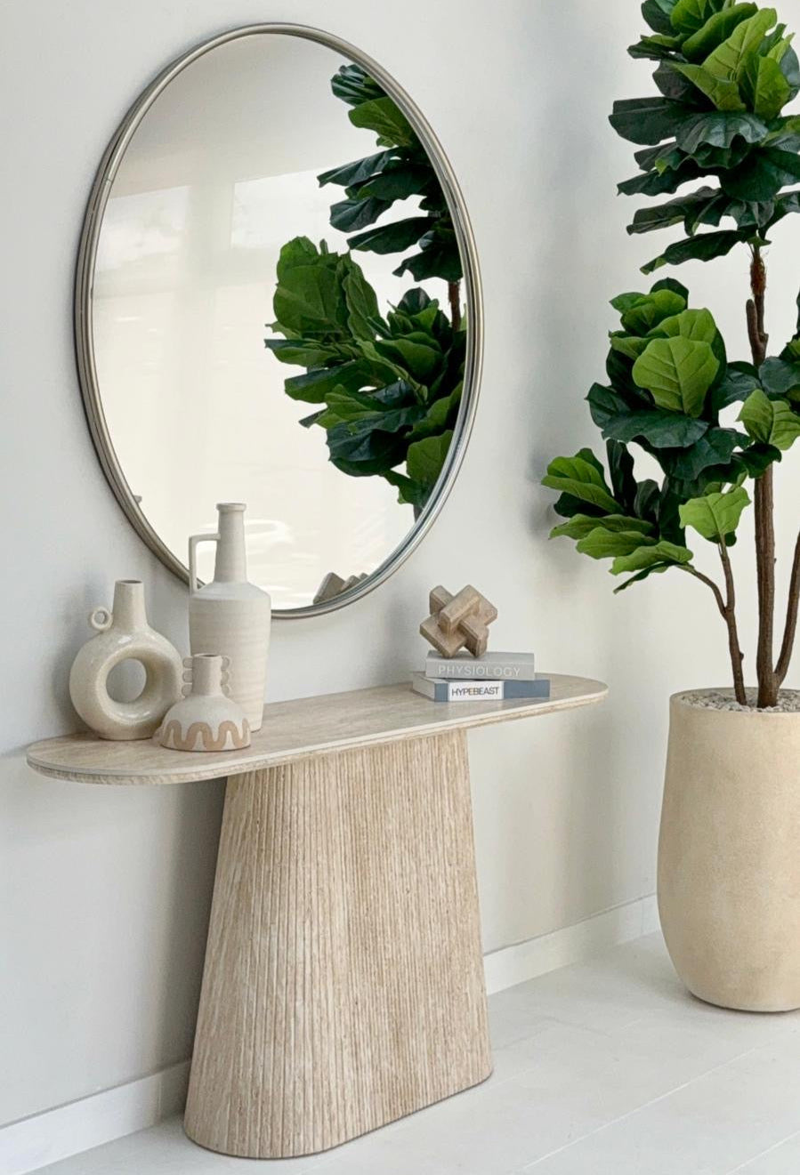 Faux Travertine Pedestal Console Table