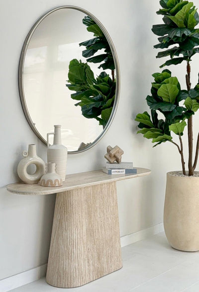 Faux Travertine Pedestal Console Table