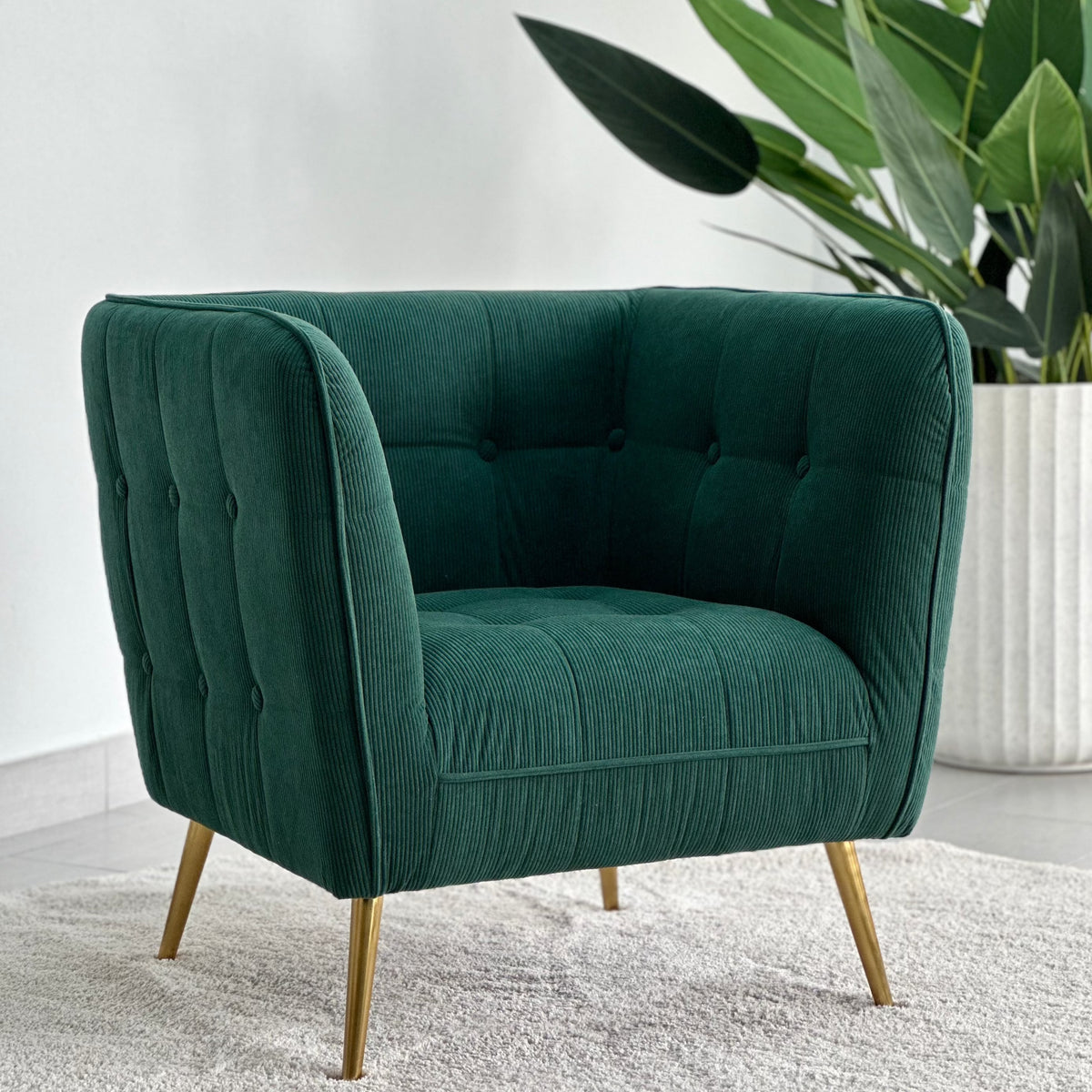 Quilted Emerald Green Cube Accent Chair Golden Legs