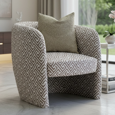 Barrel Bergere Taupe Printed Chair