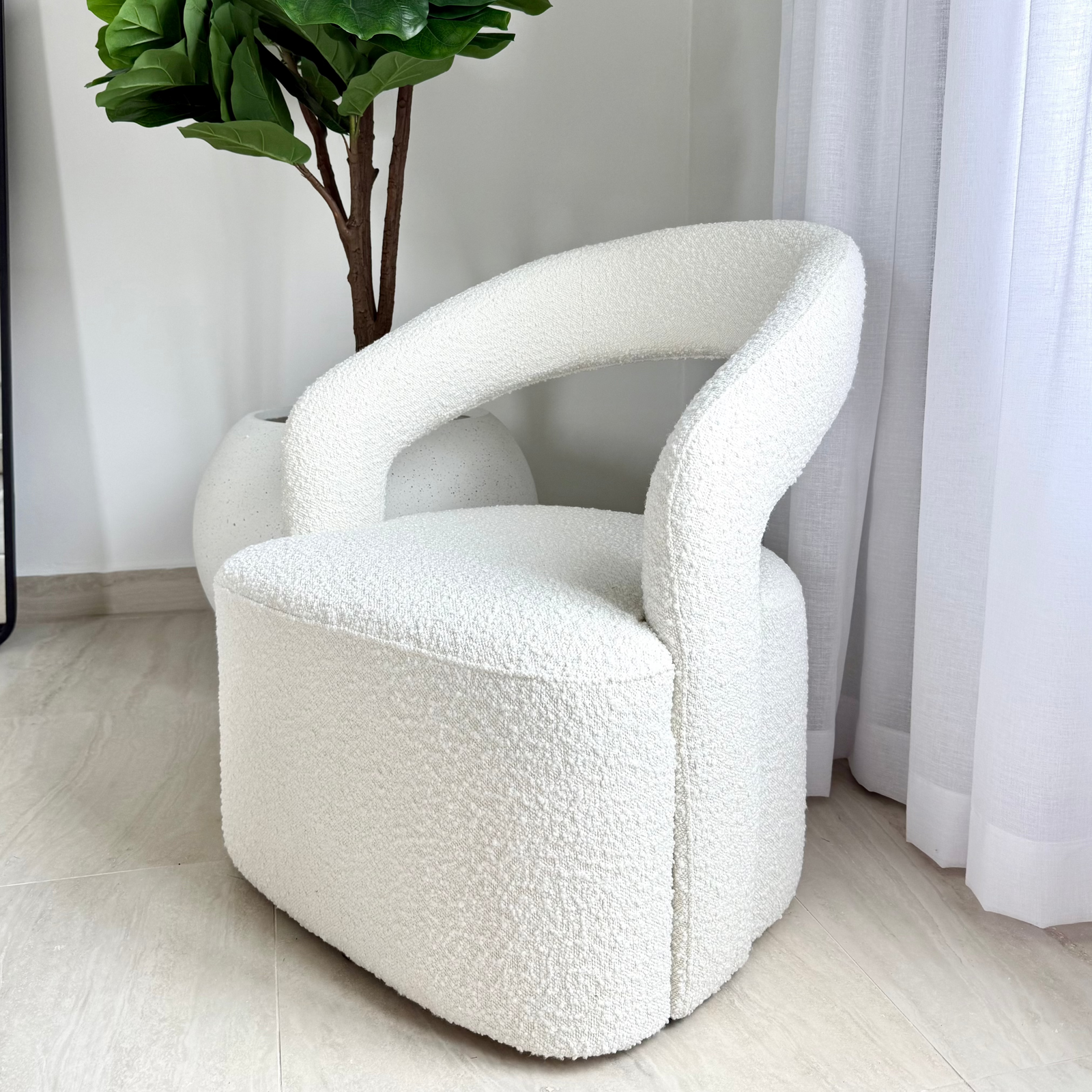 Crescent Bone White Boucle Fabric Chair
