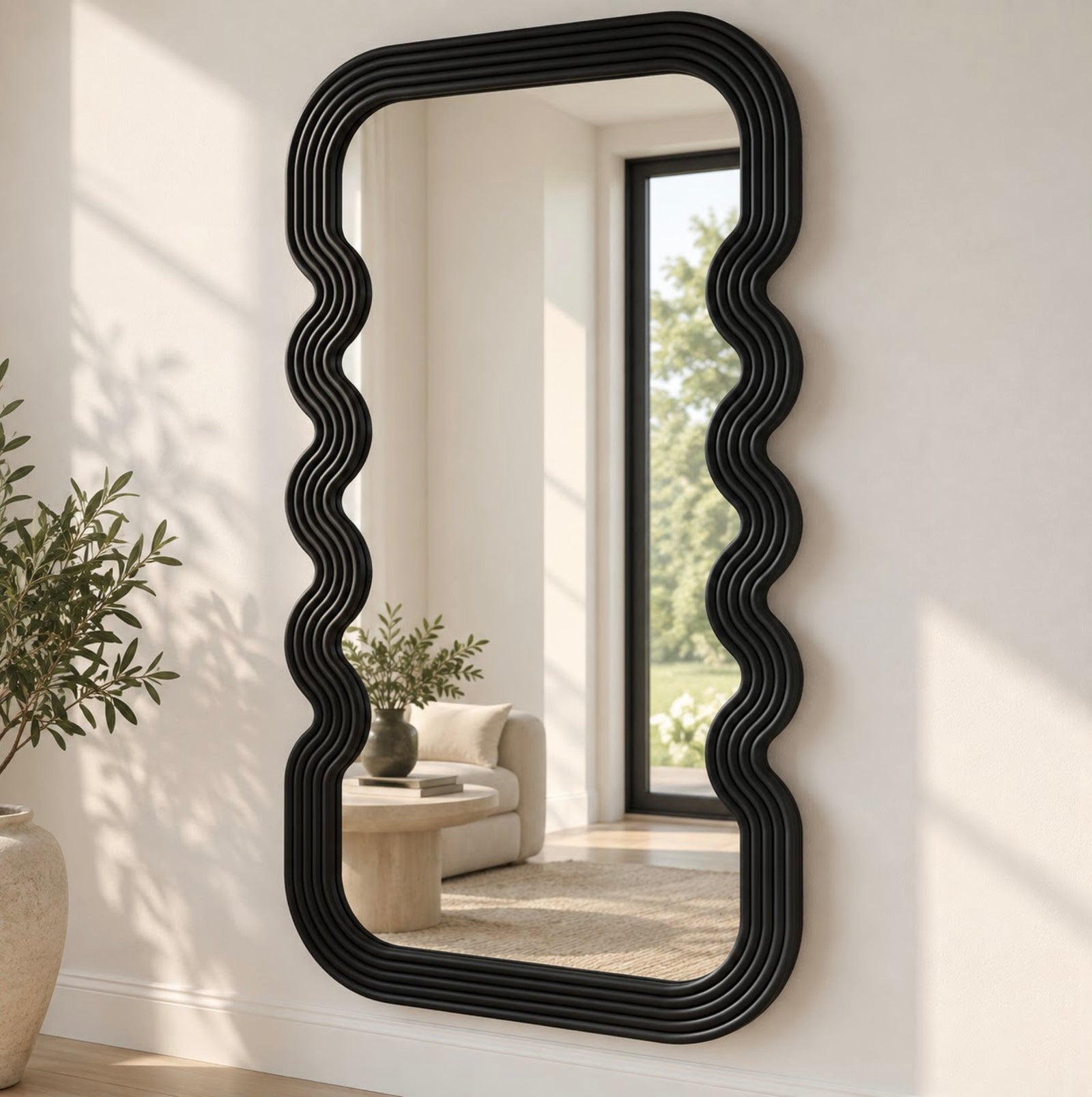 Wavy Wooden Black Wall Mirror