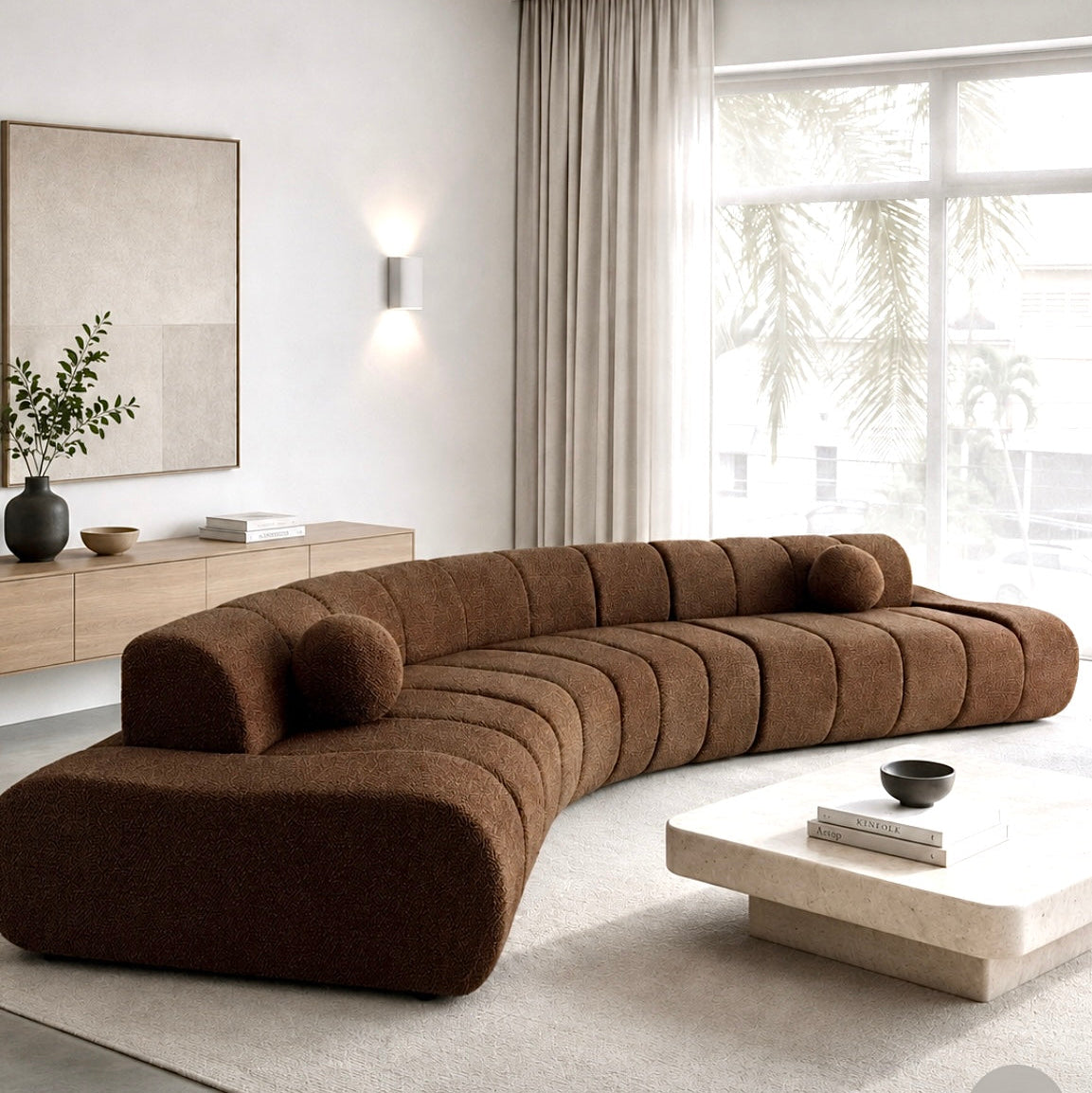 Asymmetrical Modular Brown Fabric Sofa