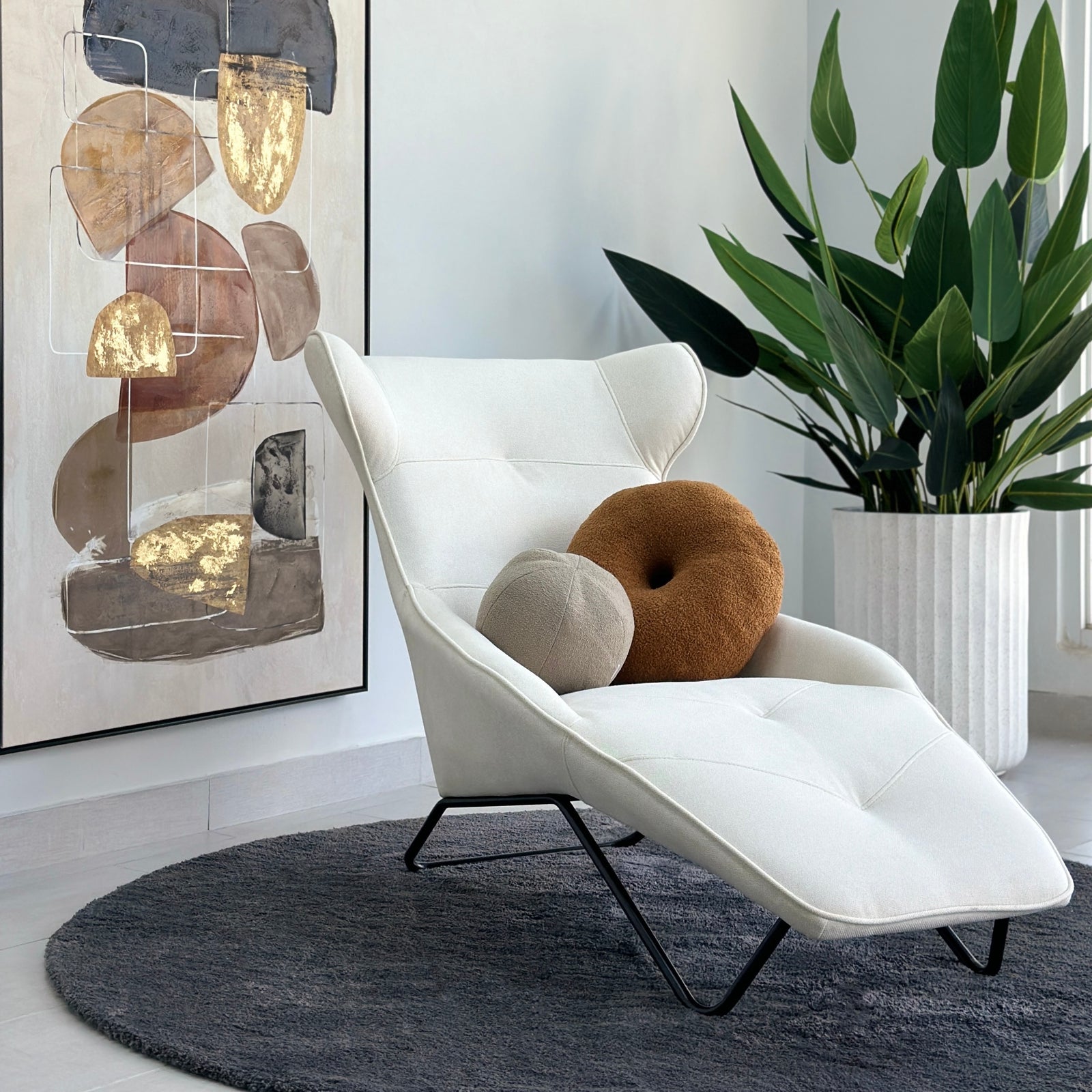 Contemporary Lounge Chair Ivory Fabric