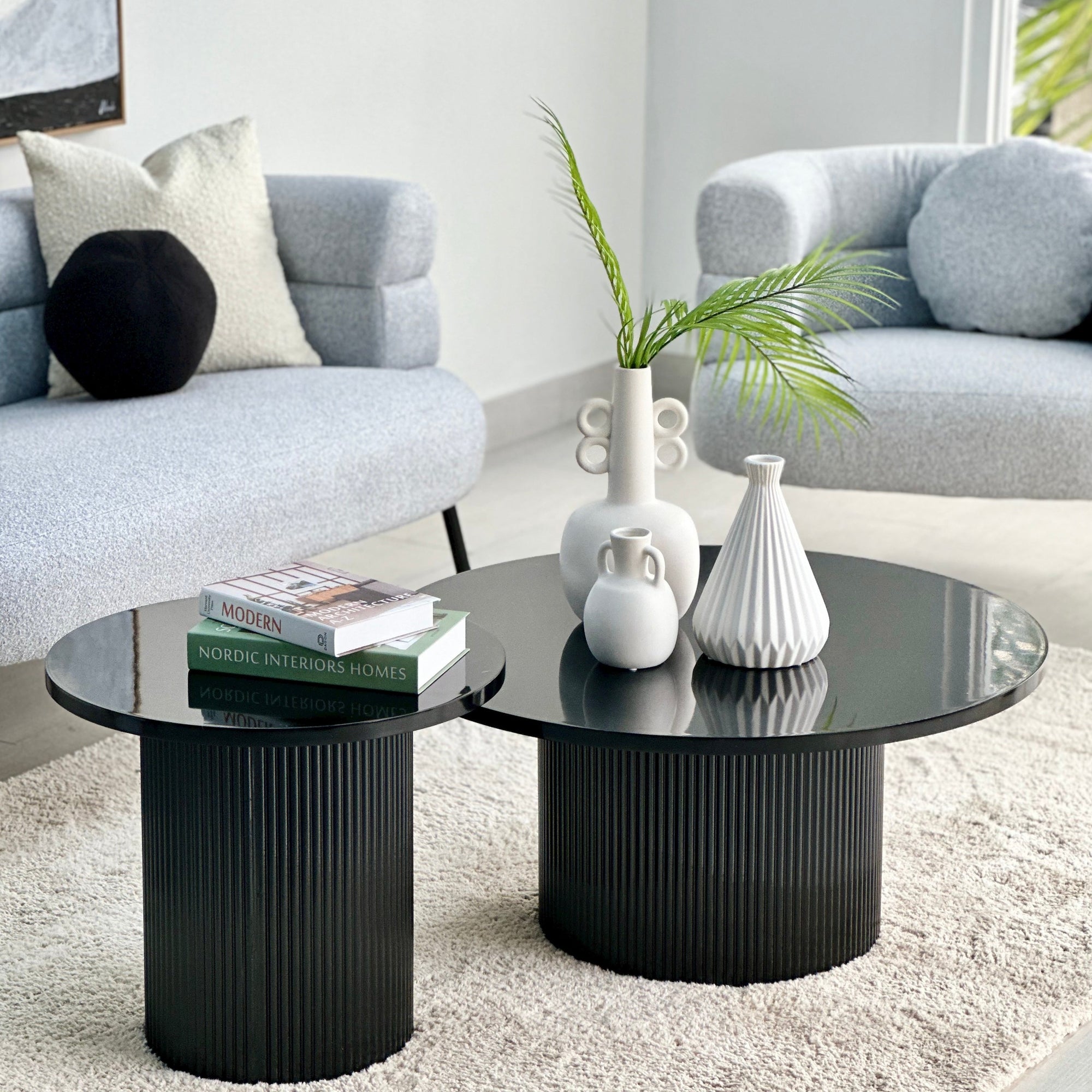Round Black Ribbed Coffee & End Table Set
