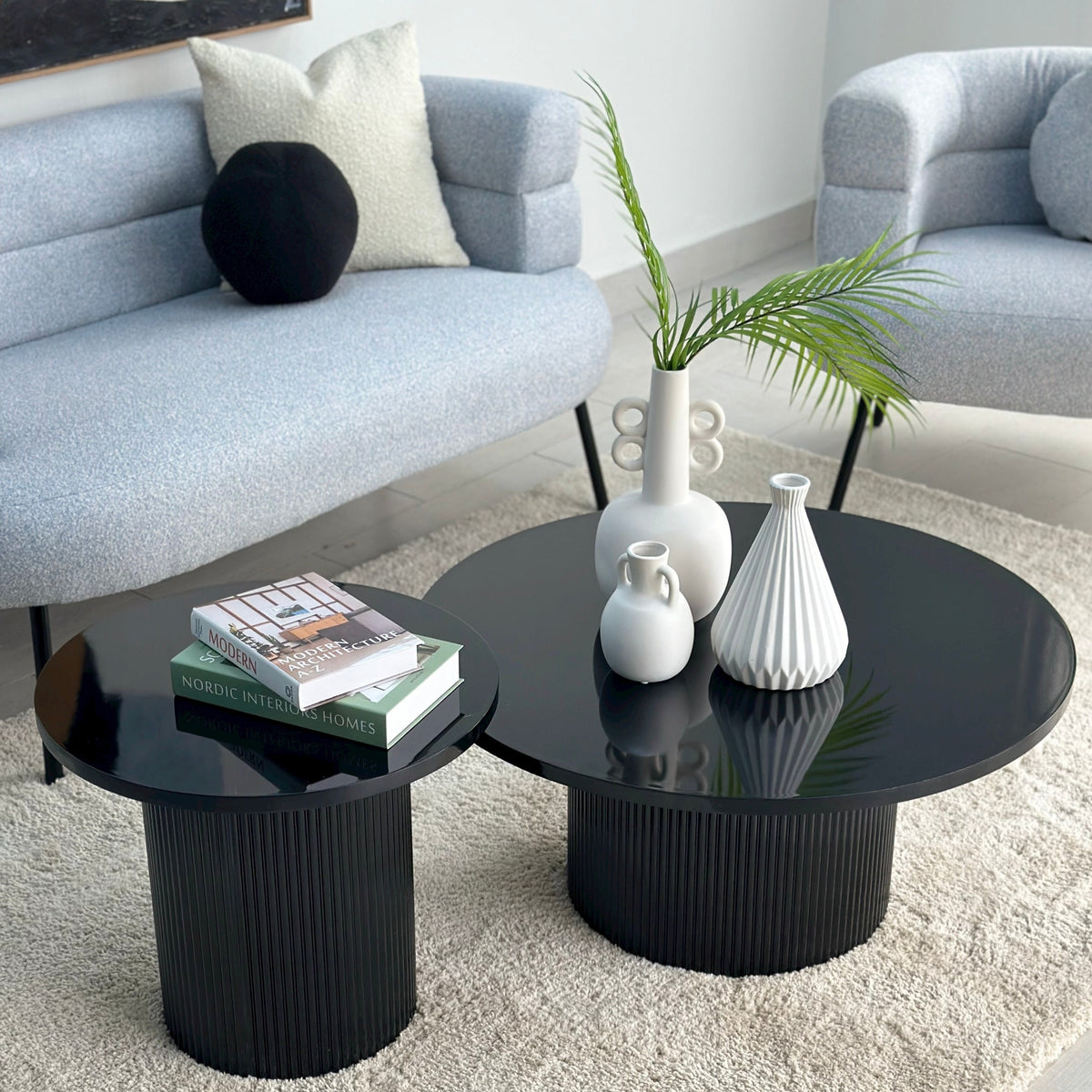 Round Black Ribbed Coffee & End Table Set