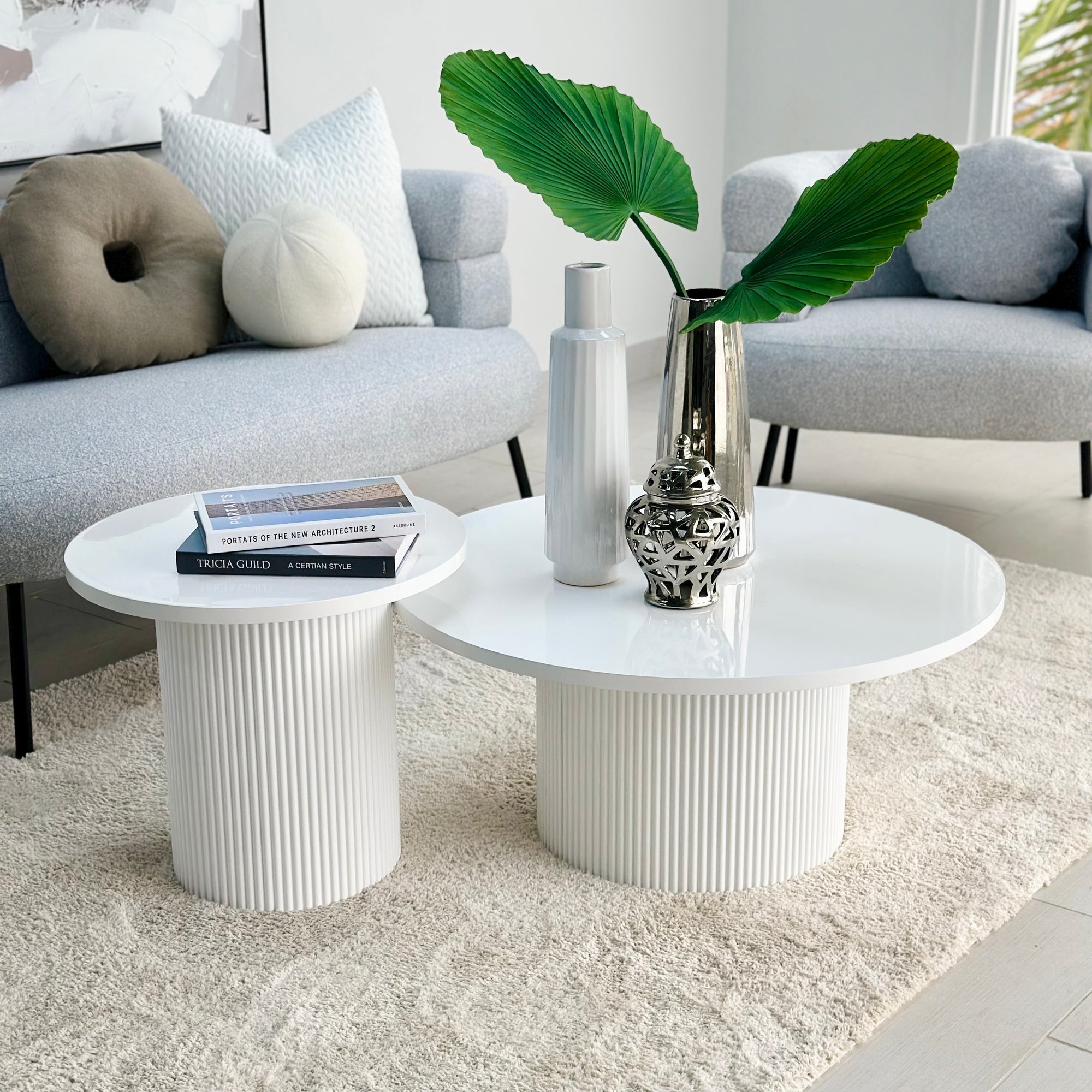 Round White Ribbed Coffee & End Table Set