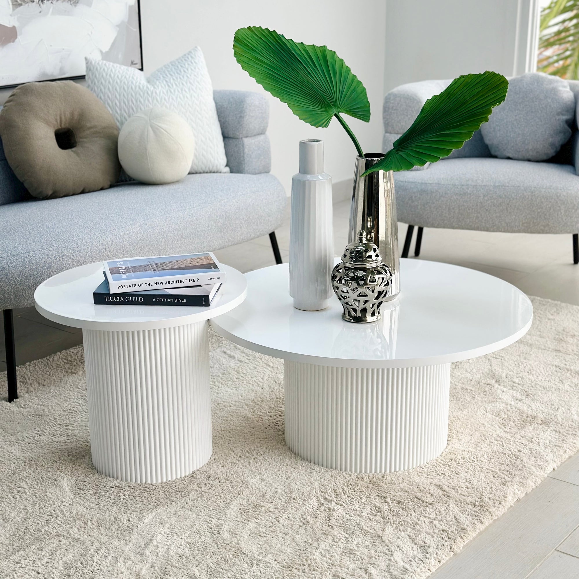 Round White Ribbed Coffee & End Table Set - Decora Home
