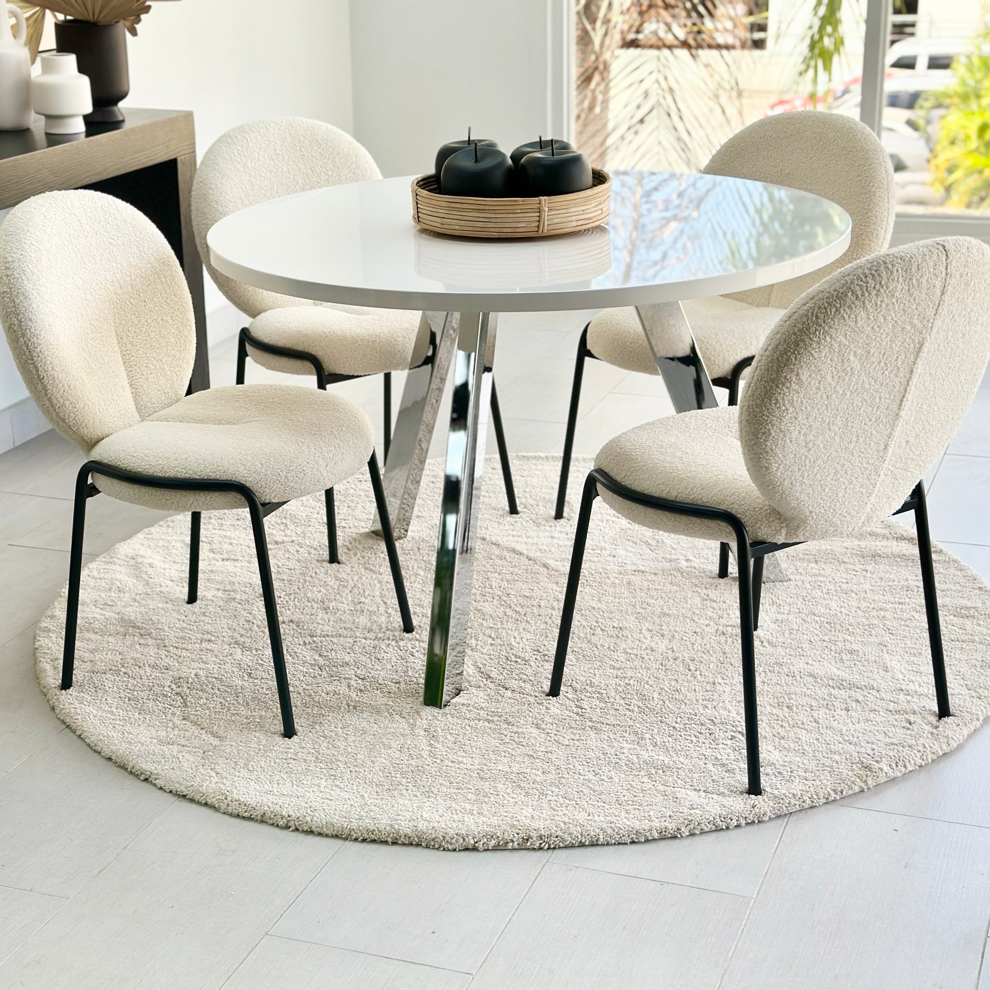 Tripod White Top and Boucle Upholstery Bone White Dining Table  Set