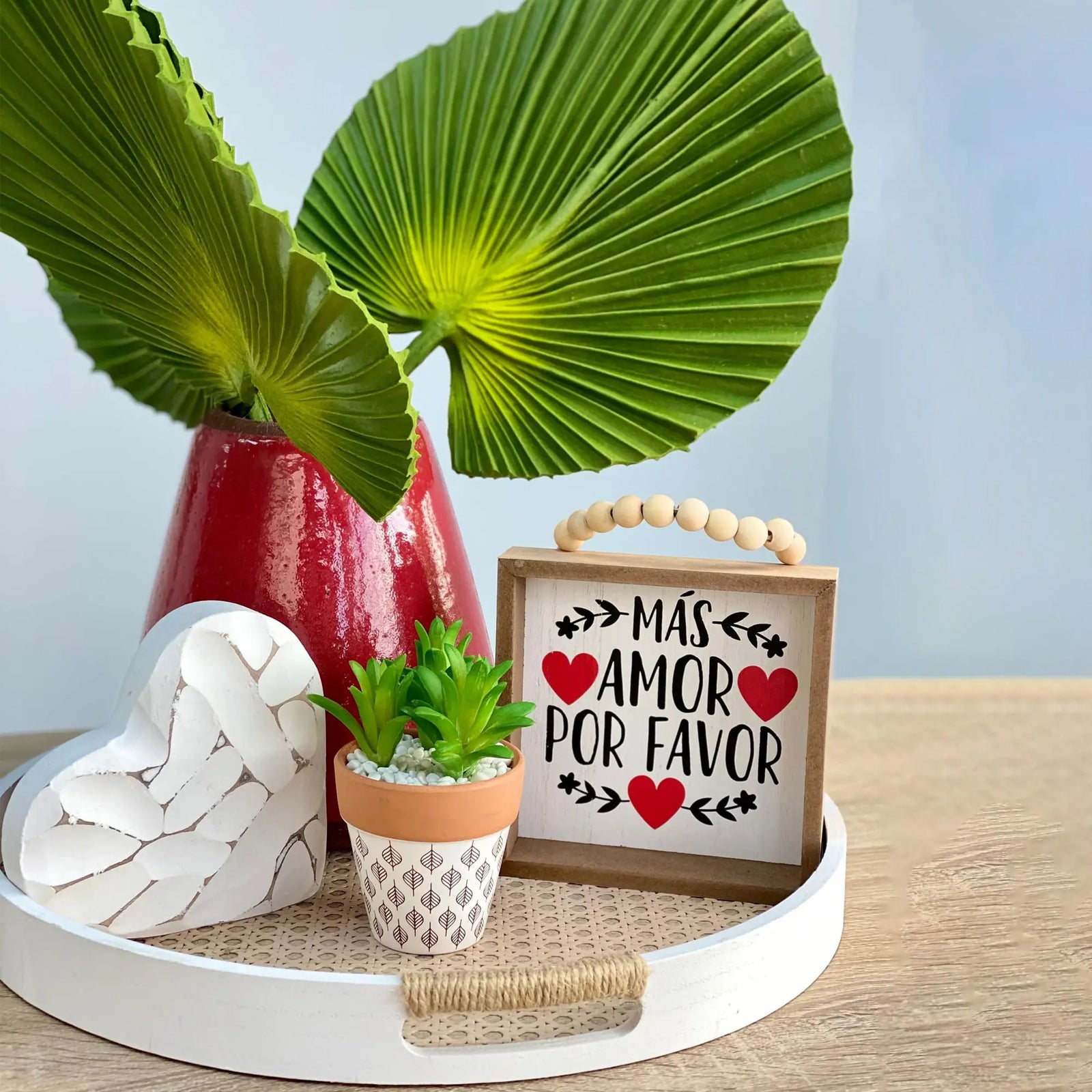 "Mas Amor Por Favor" Wooden Table Top Sign With Wood Bead Hanger
