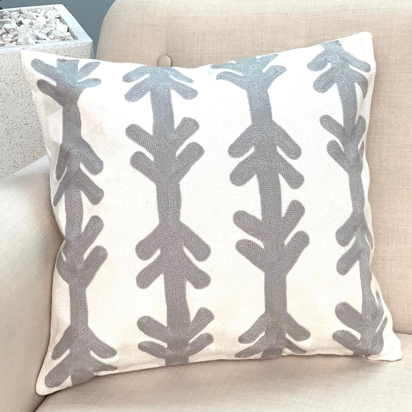 Embroidered Gray Arrow Pillow