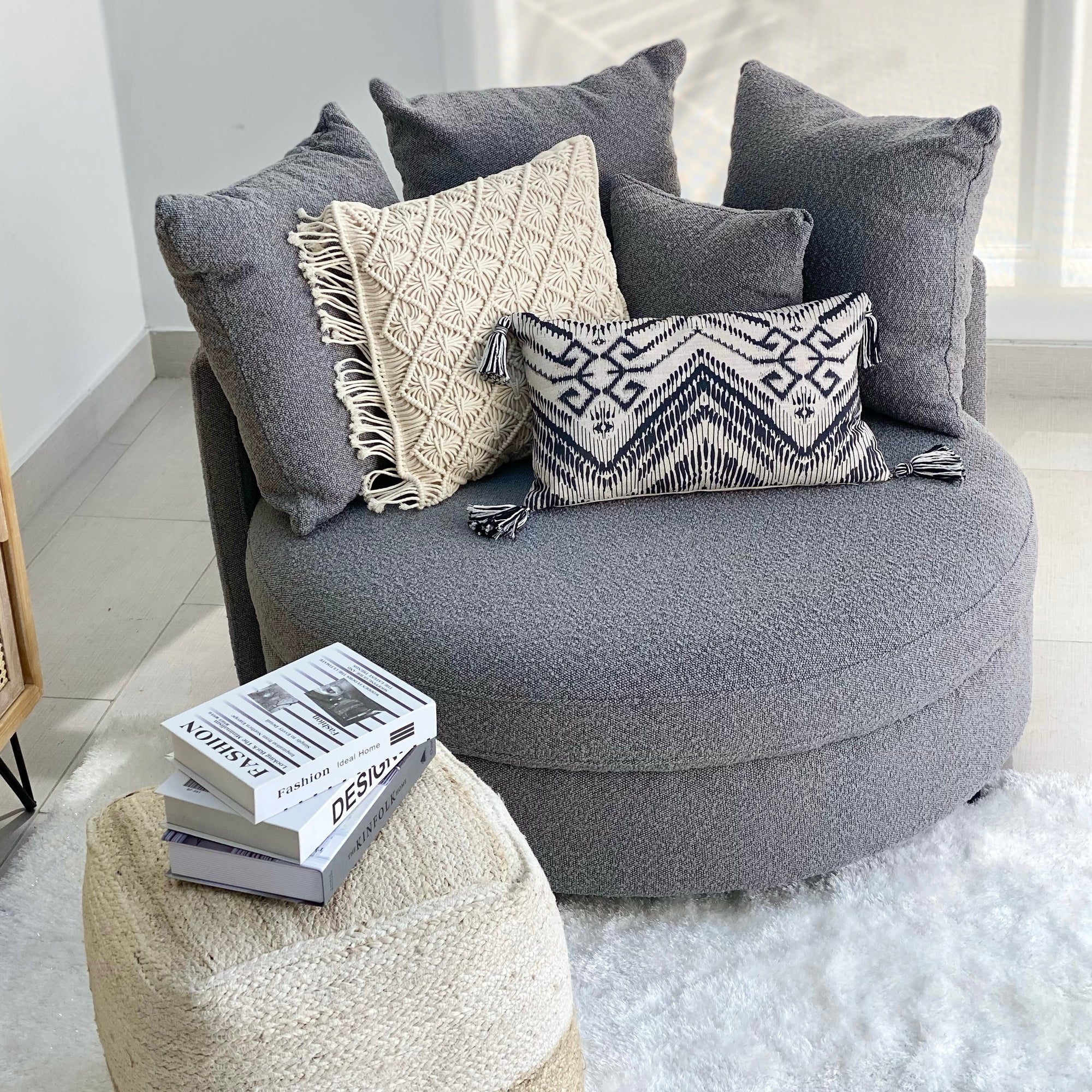 Snuggle Upholstered Round Gray Lounge Chair