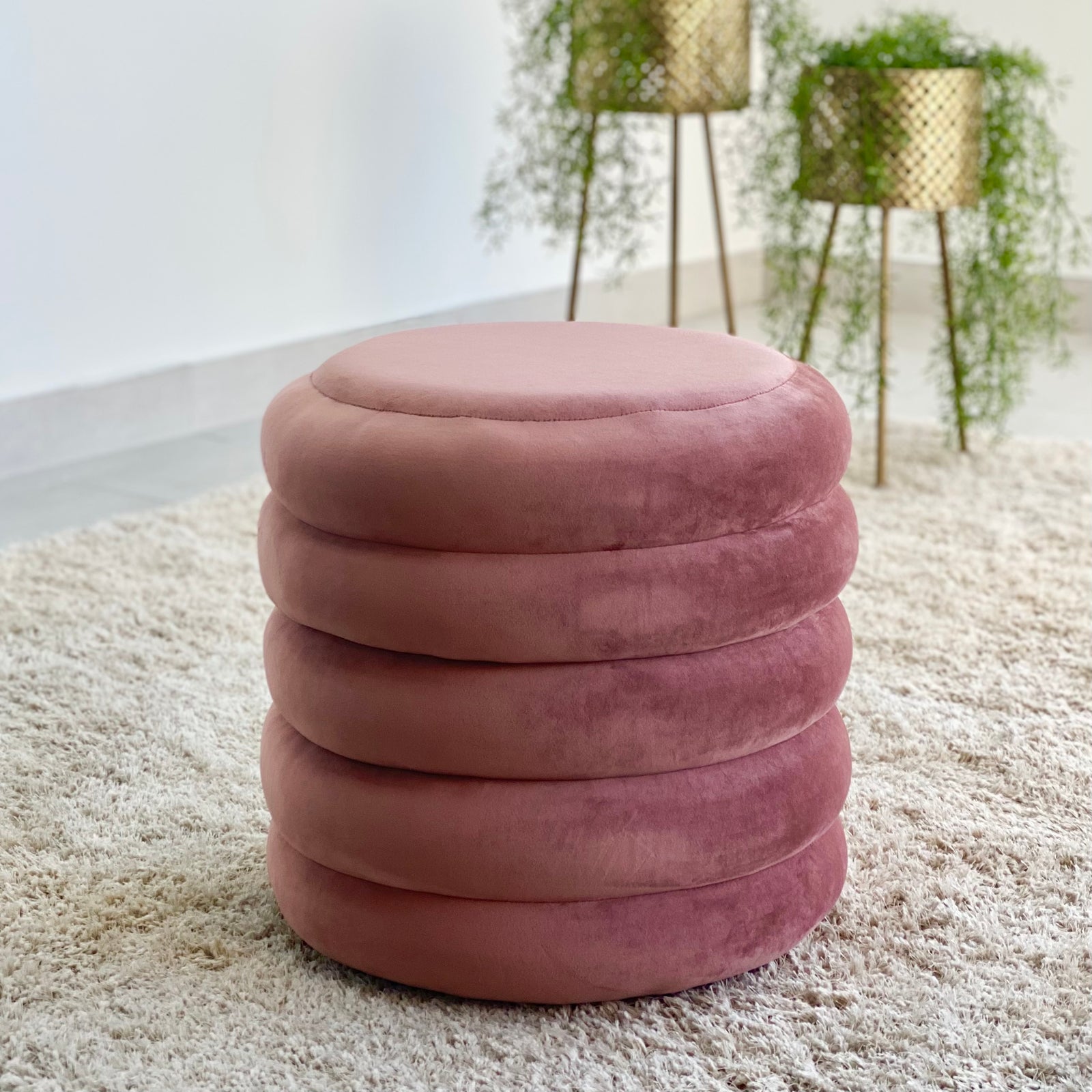 Ribbed Round Velvet Pink Ottoman