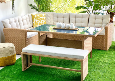 Jasmel Outdoor Rattan Chaise Sectional and Dinning Table With Bench