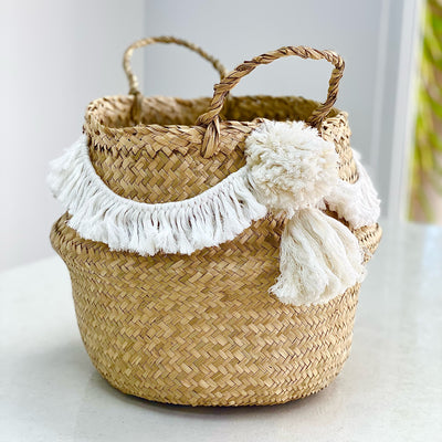 Pom Pom and Tassel Seagrass Belly Basket