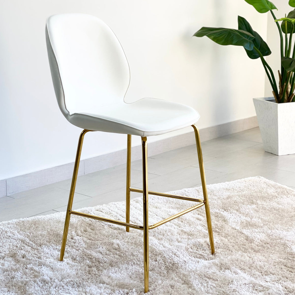 Classic Faux Leather White Stool Golden Legs