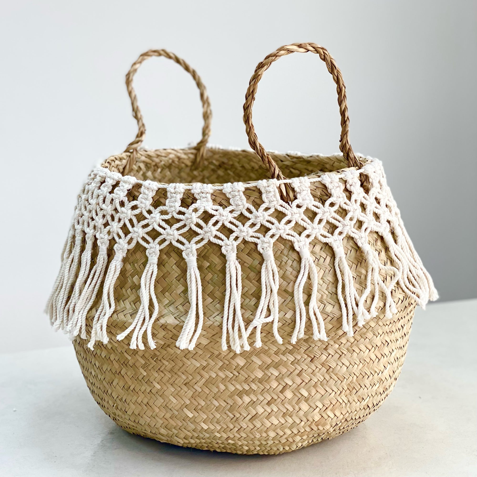 Stylish Seagrass Belly Basket With Macramé Decor