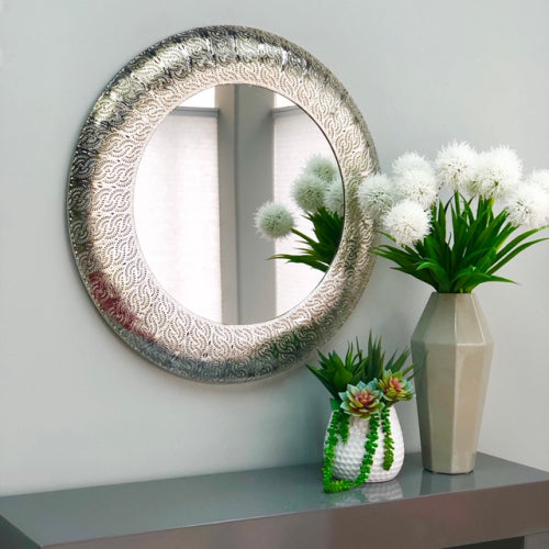 Embossed Silver Metal Round Mirror