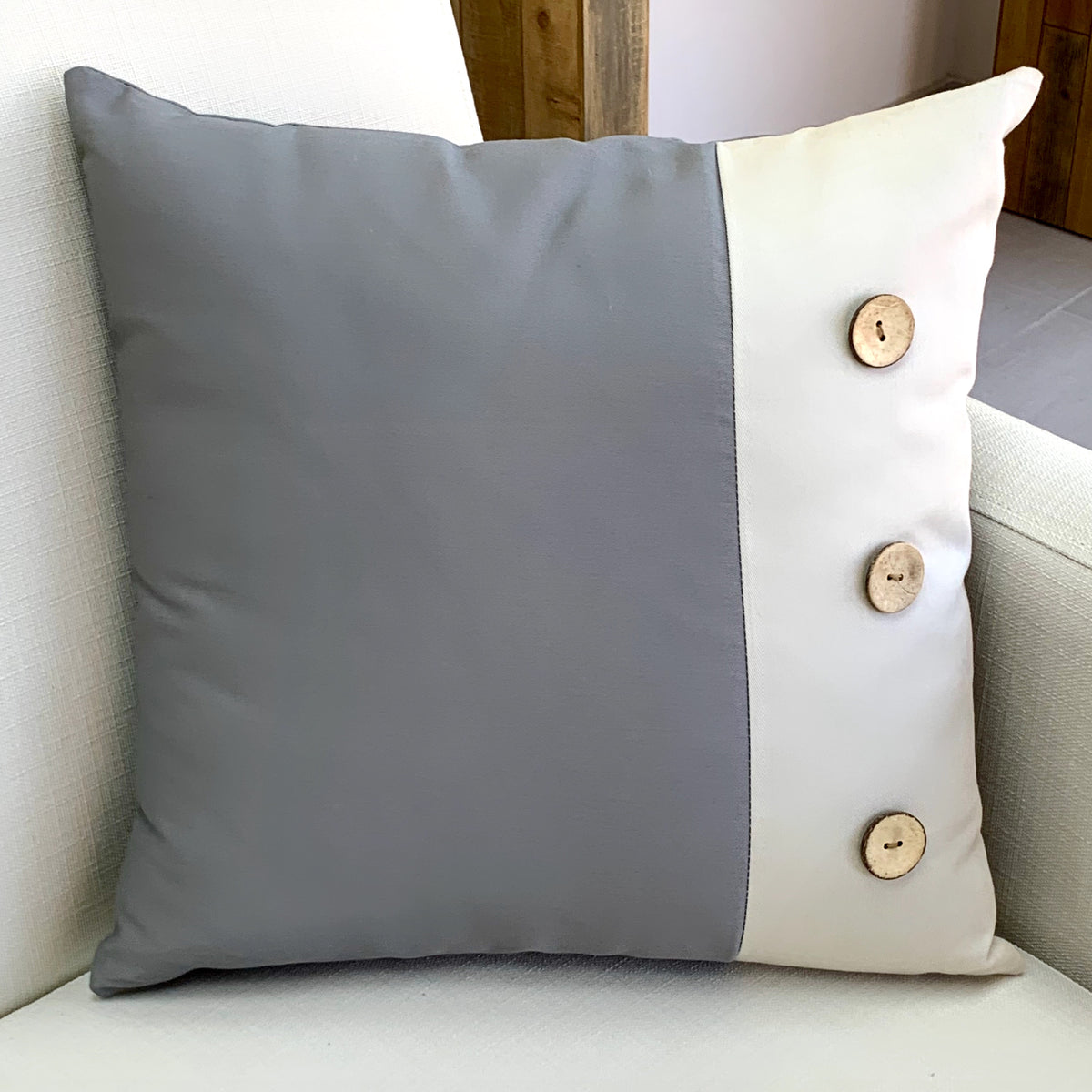 Wood Buttons Gray Pillow
