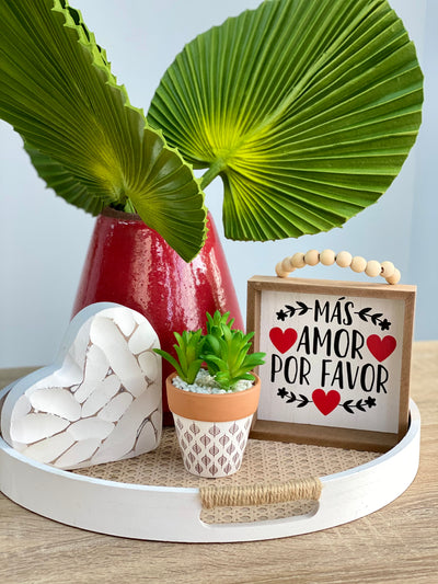 "Mas Amor Por Favor" Wooden Table Top Sign With Wood Bead Hanger