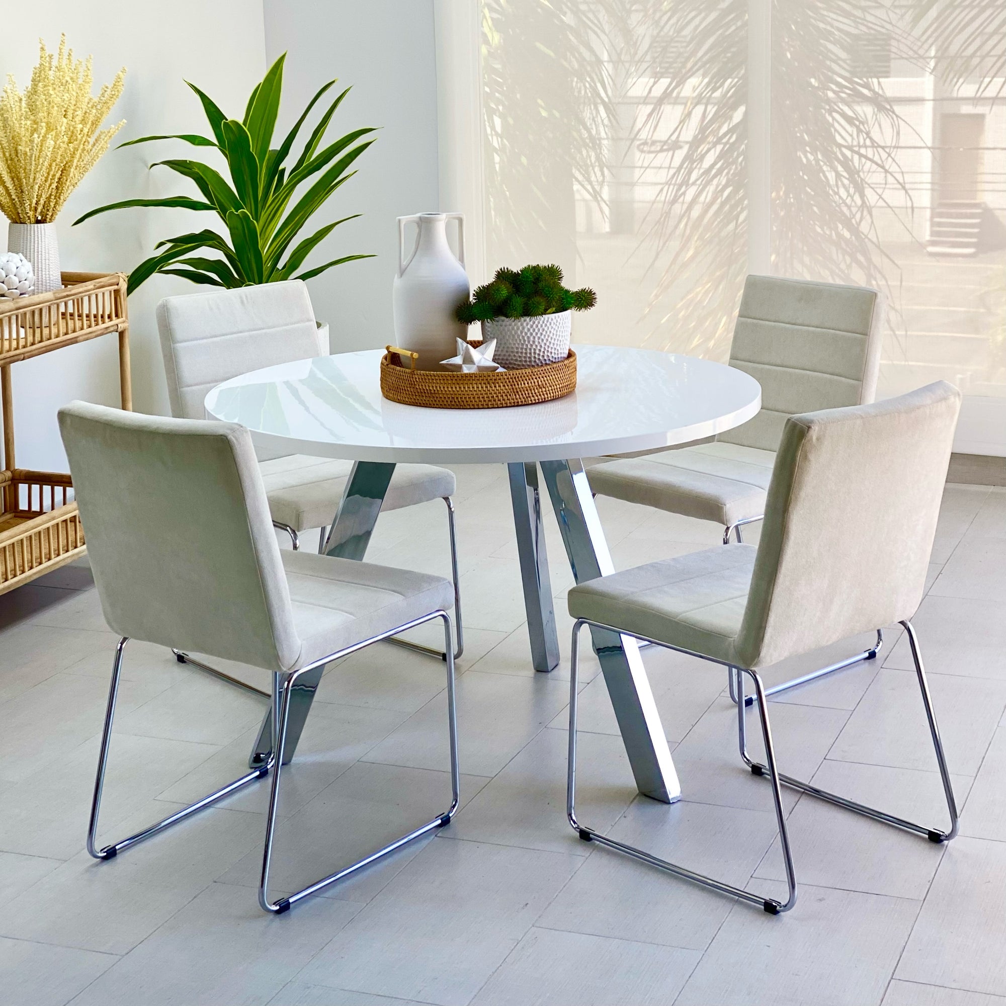 Tripod White Lacquer Top and Silver Legs Dining Table  Set