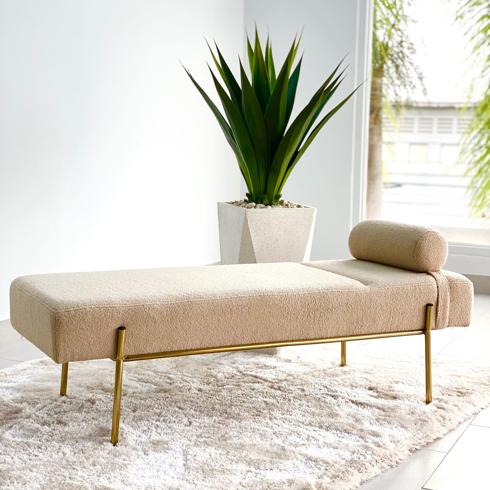 Minimalist Sherpa Ivory Bench Golden Frame