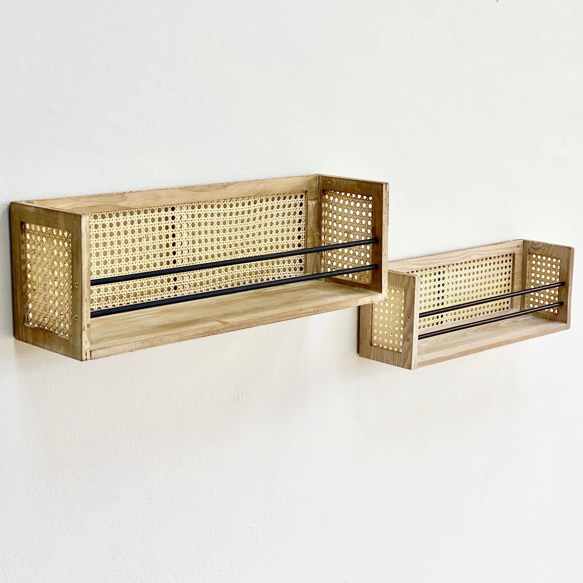 Rattan and Wood Handcrafted Shelves Set of Two
