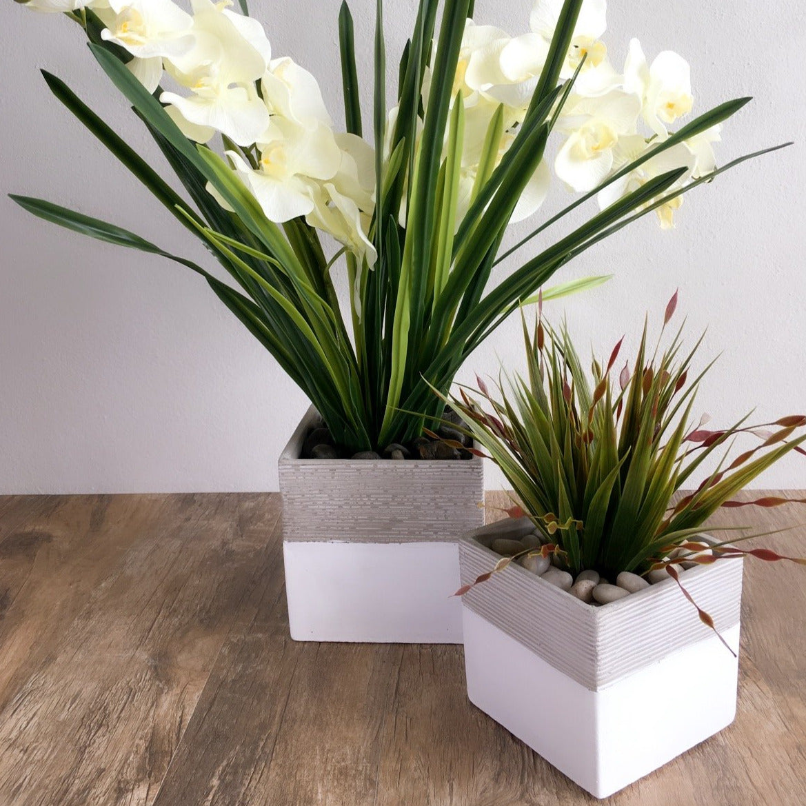 White Base Stripe Cement Vase