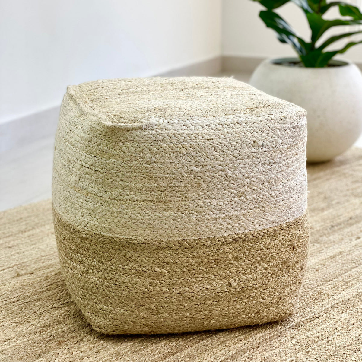 Jute and Coconut Ivory Natural Square Ottoman