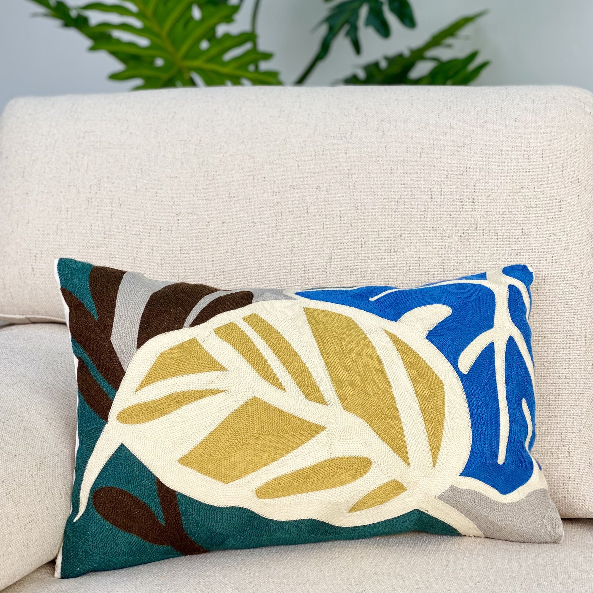 Tropical Leaves Embroidere Pillow