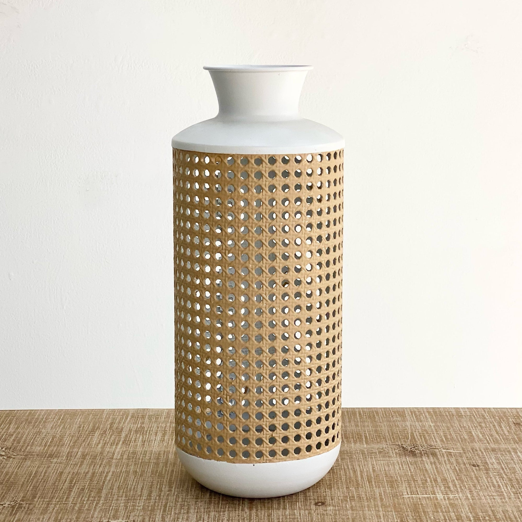 White Rattan Look-Alike Metal Vase