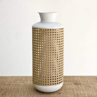White Rattan Look-Alike Metal Vase